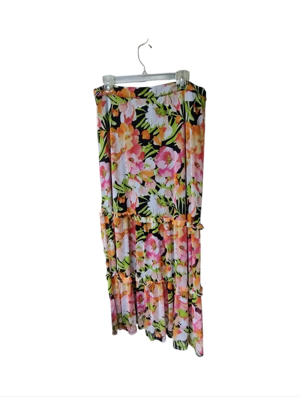 Cato Floral Tiered Maxi Skirt With Ruffles- Pink, Green & Black